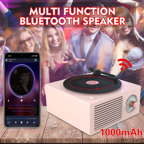 Bluetooth 5.0 Retro Vinyl Record Bærbar Høyttaler - Rosa