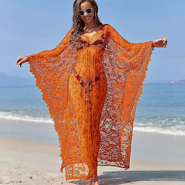 [LCS] Strandovertrekk Boho blondekimono Plus Size Bikini Robe Badedrakt for kvinner Solid-MXBC Orange