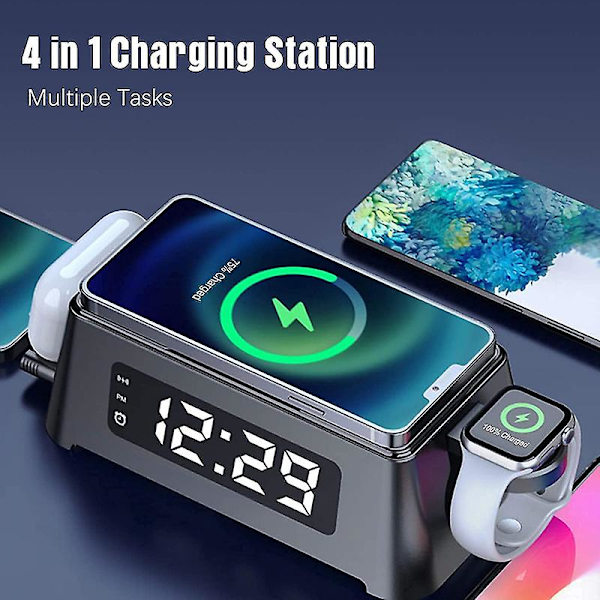 Multifunktionel Hurtig Trådløs Oplader LED Digitalt Ur Bærbar Øretelefon Smart Watch Opladning