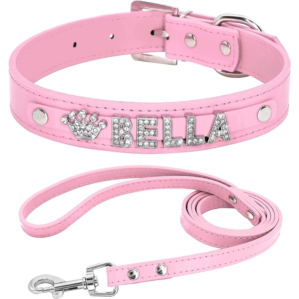 Didog släta pu-läder anpassade hundhalsband med personliga namnbokstäver i strass Pink set L: 1.0"*14-18"