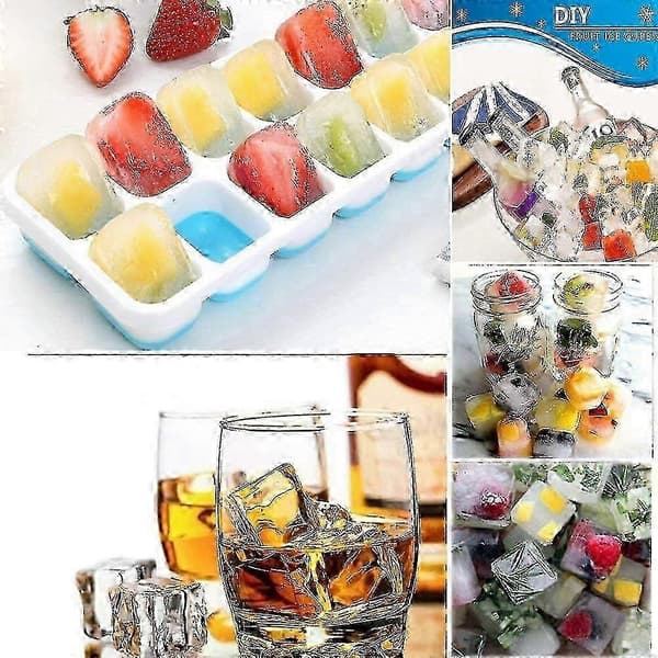 Isbitbrett 4 stk. silikonisbitformer med lokk, 14 rom for whisky, cocktail, drikke, hvit + blå