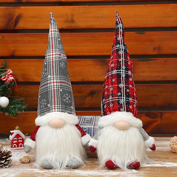 Joulutonttu yövaloilla Ruotsalainen Tomte Ruudullinen Hattu Rudolp grey 46x20cm
