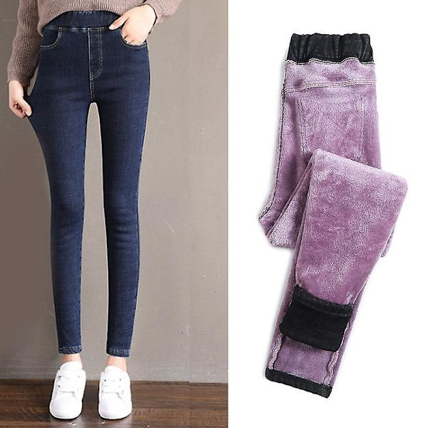 Tuplafleece Thermal Jeggings Lämpimät Housut Farkut Talvi Lämpimät Housut Yhteensopiva Naisten Tyttöjen Kanssa Dark Blue 29