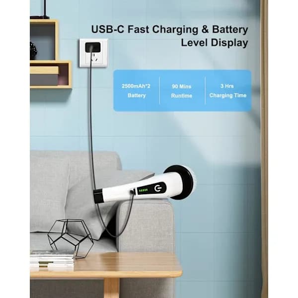[LCS]QU-Electric Rotary Cleaning Brush with 8 Replaceable Brush Heads, with Adjustable Handle for Bathroom, Kitchen, and Car