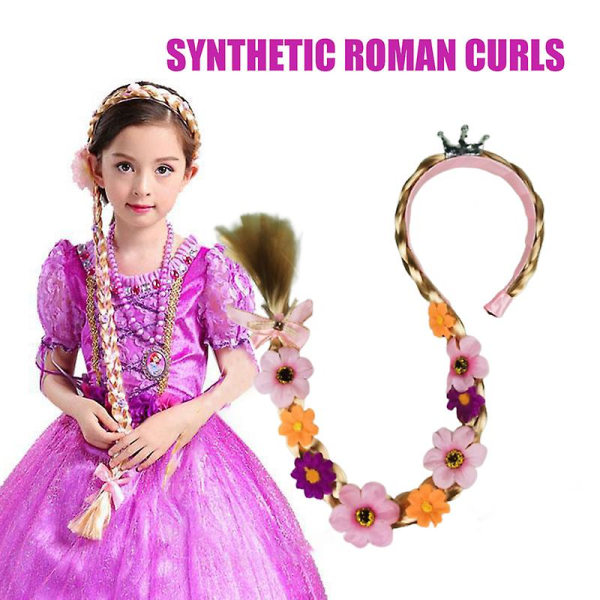 Rapunzel barnpannband Huvudbonad med blomma flickor Baby lång peruk fläta prinsessa rosett hår Pink Crown