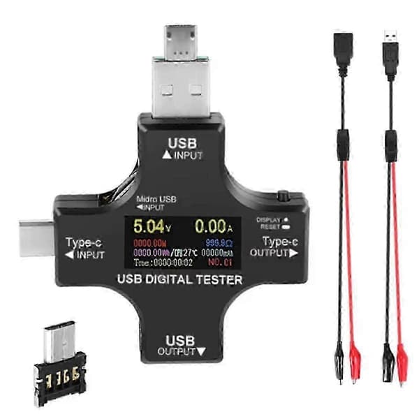 USB C-testare, 2 i 1 Typ C USB-testare Färgskärm IPS Digital Multimeter, Spänning, Ström, Effekt, Motstånd, Temperatur
