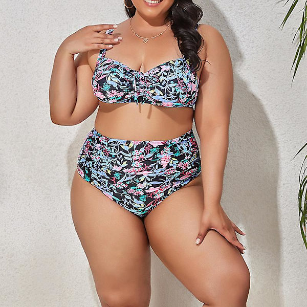 Bikini för damer i oversize-modell, 2-delad, hög skärning, hög midja, justerbara axelband Flower 2XL