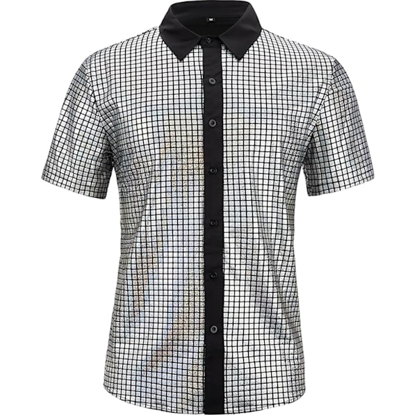 Herr 70-tals 80-tals Glittriga Paljett Skjortor Metallisk Party Kostym Kortärmad Knäppskjorta Rolig Nattklubbs T-shirt Grå M Grey