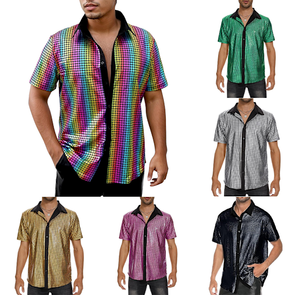 Herre 70'er 80'er Glitter Paillet Skjorter Metallisk Festkostume Kortærmet Button-Down Skjorte Sjov Natklub T-shirt Grå S Grey