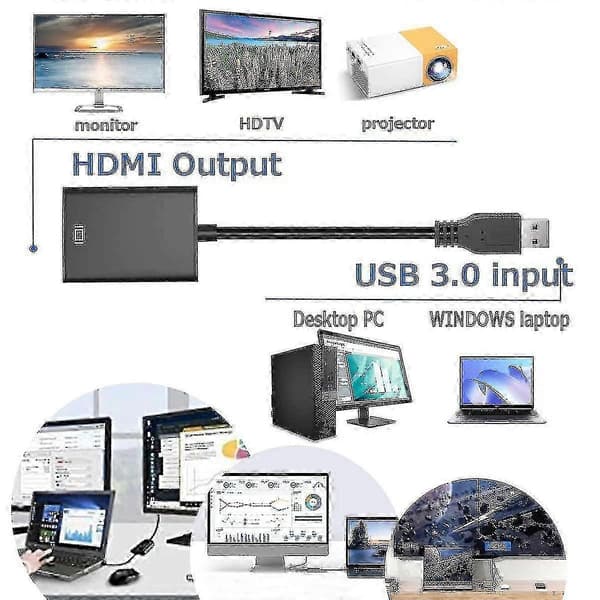 USB til HDMI-adapter, USB 3.0/2.0 til HDMI lyd- og videoadapter, HD 1080p videografikkabelkonverter for PC, bærbar PC, HDTV, TV, kompatibel med Windows X