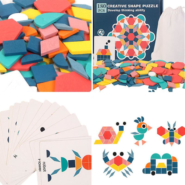 Trämönster Pusselblock Tangrams Geometrisk Jigsaw Brain Teaser Toy