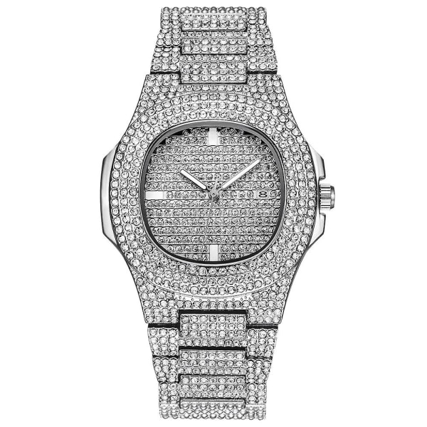 Iced Out Hip Hop Bling Diamond Watch Quartz Watches Silver