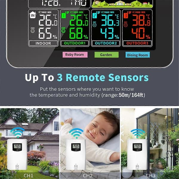 [LCS] Temperatur- och luftfuktighetssensor Trådlös Hygrometer Elektronisk Digital Termometer Inomhus/Utomhus med Väderstation Black