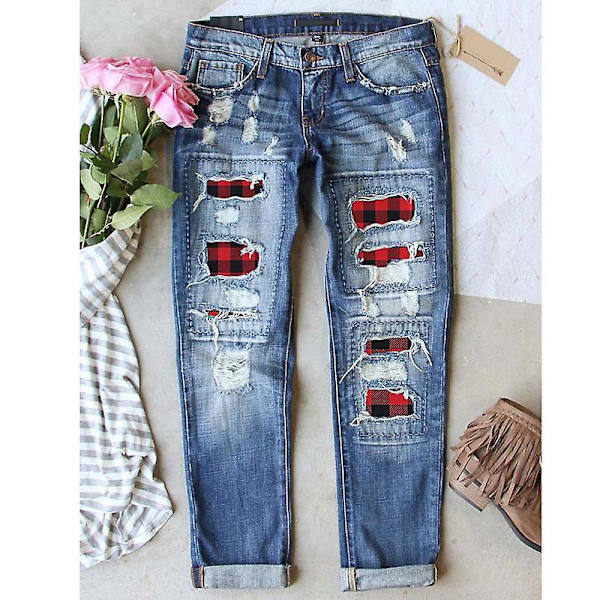 Buffalo-rutiga jeans för dam, med revor och lappar, normal passform, långa vardagsjeans i denim med hål Red XL