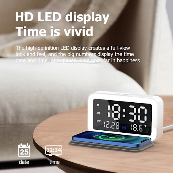 Dimbar LED-skjerm Nattlys Vekkerklokke med 15W Rask Trådløs Lader, Egnet for iOS og Android Systemer
