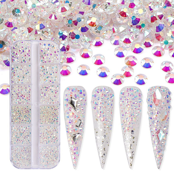3600 st Nail Art Strass AB Strass Pärlor Nagel Stenar Runda Platta Bak Saker Stenar Dubbar 6 Storlekar med Ask Champagne Champagne