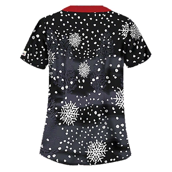 Kvinnor jul snögubbe kortärmad t-shirt sjukhus uniform omvårdnad Scrub toppar Black 2XL