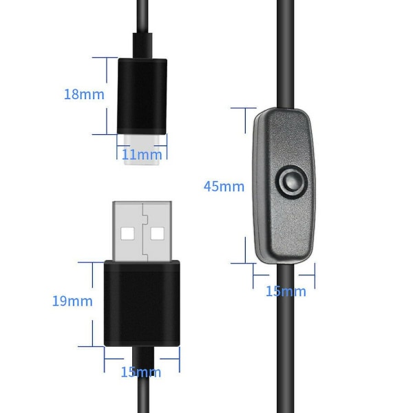 3A USB Type-C -kaapeli kytkimellä, virtapainikkeella, Raspberry Pi:lle, puhelimille ja lataukseen