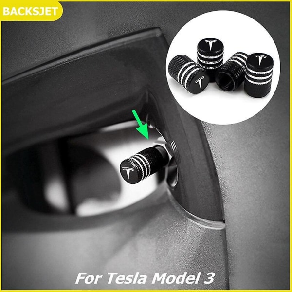 Tesla Model 3/Y auton metalliset pyörän venttiilin hatut 4 kpl Tesla-logolla, renkaan suuttimen pölysuojan koristelutarvikkeet black