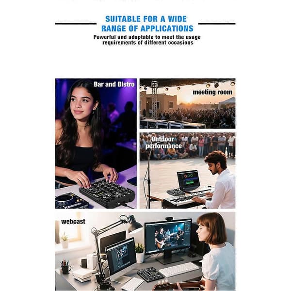 4-kanals lydmixer USB Studio Sound Mixer Bluetooth DJ-konsolblanding 48V Phantom Power USB/MP3-afspiller til Karaoke Black