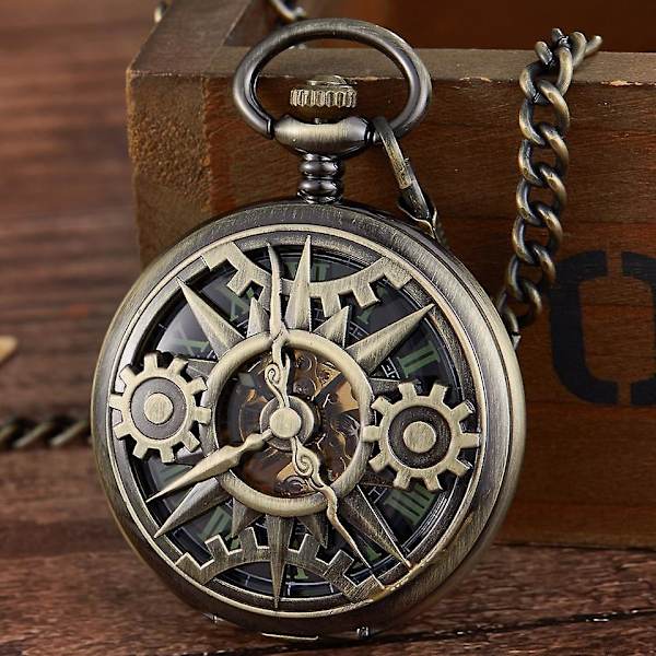 Steampunk Retro Hul Gearbevægelse Mekanisk Lommeur Skelet Håndoptræk FOB Ure