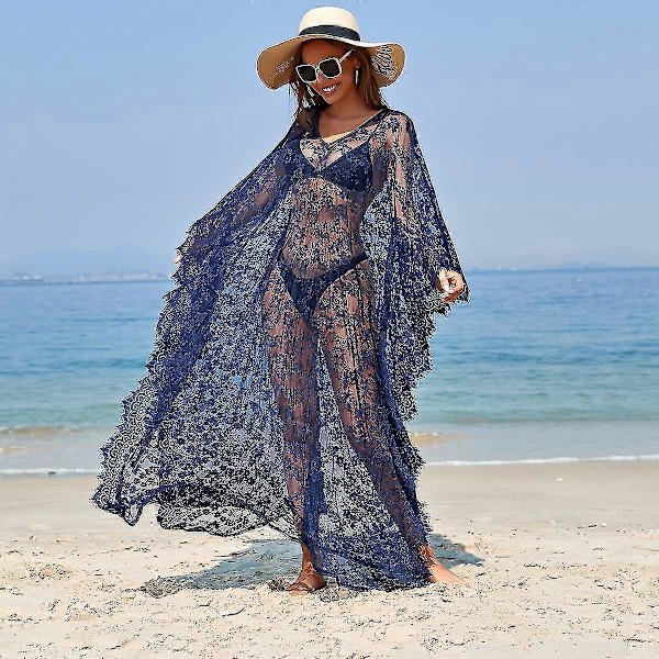 [LCS] Strandovertrekk Boho blondekimono Plus Size Bikini Robe Badedrakt for kvinner Solid-MXBC Navy Blue