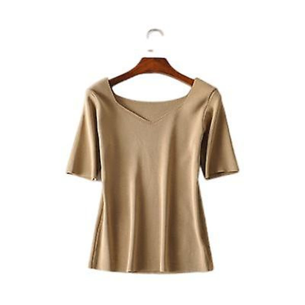 Slim-fit lyhythihainen neulepaita molemmin puolin Khaki M