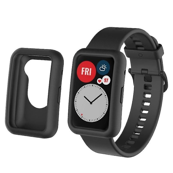 Silikone Armbåndsrem til Huawei Watch Fit, Udskiftningsrem + Ridsefast Urkasse Sort, Sort Style D Huawei Watch Fit Black, Black
