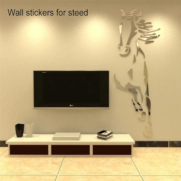 Galopperande Häst Spegel Väggdekor Modern Kreativ Design Väggdekaler 3d Akryl Spegelyta Silver