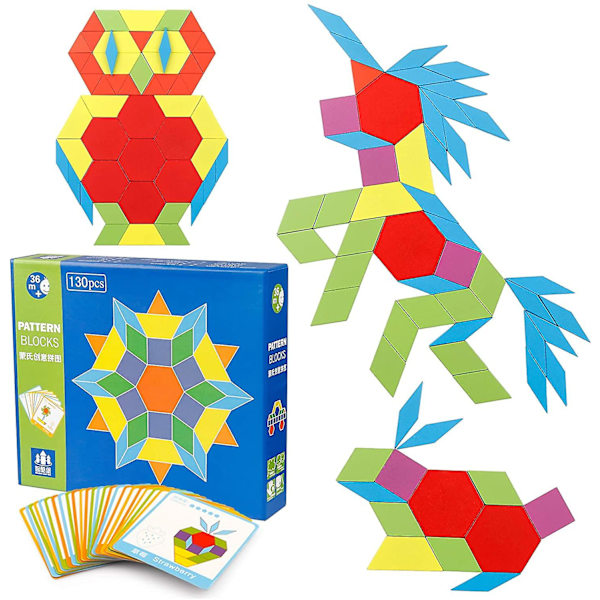 Trämönsterblock Set 130 st Geometriskt Manipulativt Formpussel För Barn Med 24 Designkort