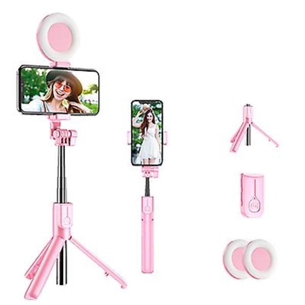 Bluetooth Selfie Stick LED Ring Light Utdragbart Handhållet Live Stativ pink