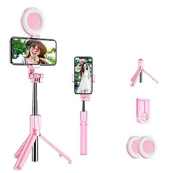 Bluetooth Selfie Stick Led Ring Light Utdragbart Handhållet Live Tripod pink