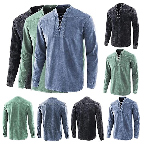 2020 Gotisk Retro T-skjorte for Menn med Snøring, V-hals, Denim, Langermet T-skjorte, Løse Topper for Menn Green 2XL