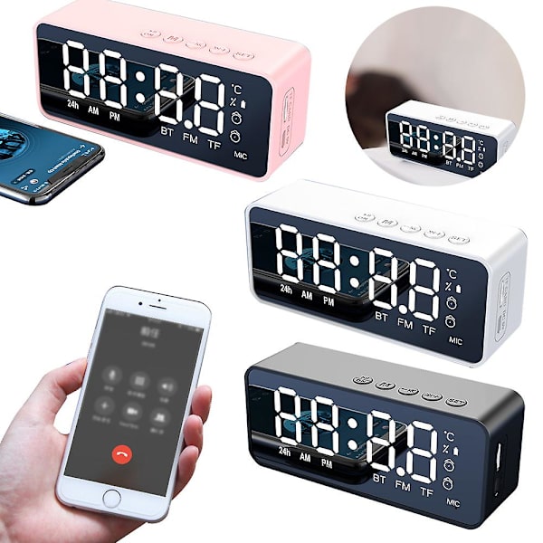 Trådlös Bluetooth Högtalare FM Radio Ljudbox Skrivbordsväckarklocka White