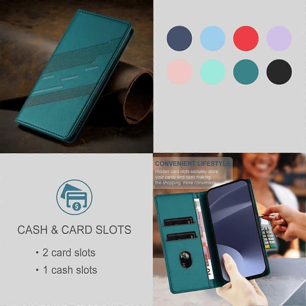 [LCS]Etui til iPhone 15, blødt PU-læder Folio Flip Kickstand Stødsikkert telefonetui- Dark Green