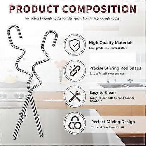 [LCS] KitchenAid Håndmikser Deigkrok Erstatning - Rustfritt Stål for KHM512, 5KSM, KSM, KSMO Modeller