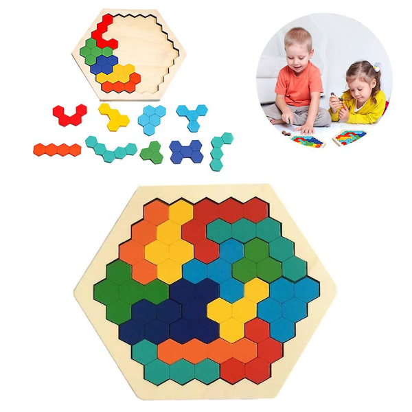 Trä Hexagon Pussel - Formblock Tangram Brain Teaser Toy Geometri Logic STEM Montessori Toy