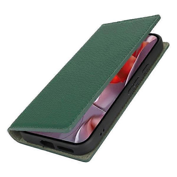 För Google Pixel 9a Plånboksfodral Äkta Kohud Telefonfodral Litchi Textur Green