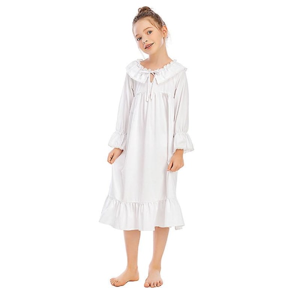 Flickans nattlinne långärmad prinsesspyjamas klänning white 120cm