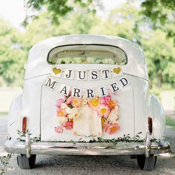 [LCS] Just Married Banner Bilpynt Gullglitter Just Married Skilt Girlander For Brudedusjdekorasjon