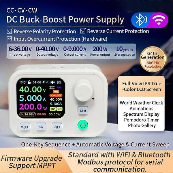 XY-SK200W DC Buck Boost-omformer 40V 9A 200W Digital Kontroll Strømforsyning WiFi Bluetooth MPPT IPS-skjerm