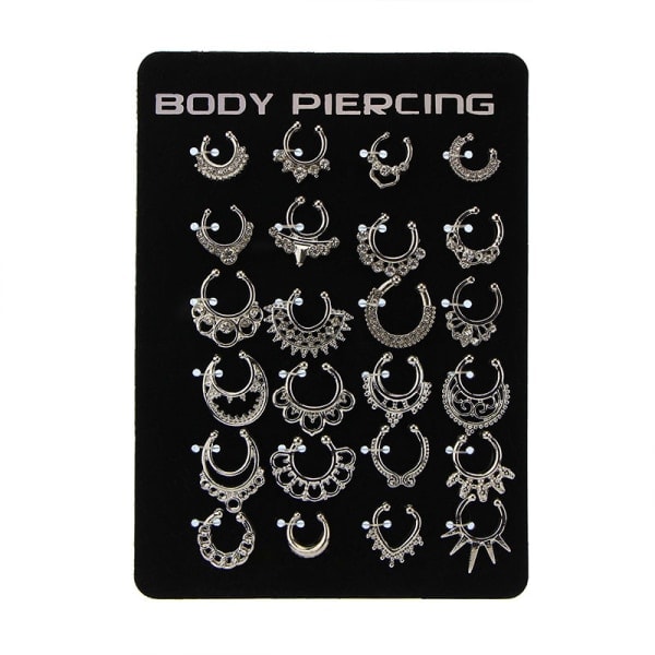 24 st Falska Näsringar Hoop Falsk Läpp Öra Näsa Septum Ring Silver