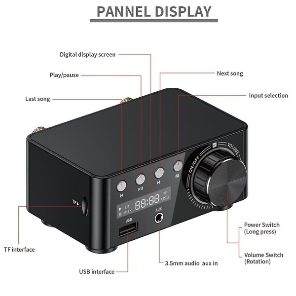 100W HiFi Förstärkarklass Bluetooth 5.0 Liten Digital Effektförstärkare Stöder U Disk SD-kort RCA Ljudingång