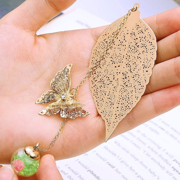 Bokmärke i metall med löv, med 3D-fjärilsberlock, en inspirerande gåva Golden leaves blue yellow flowers