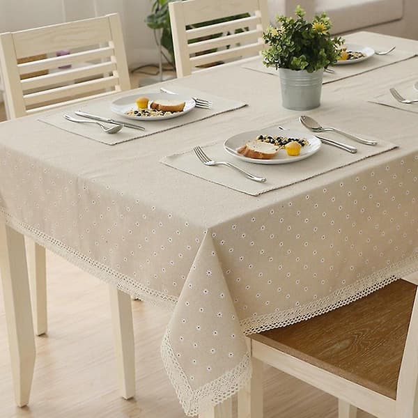 [LCS] Blomstermönstrad duk i linnebomull med spets, bordsduk 140cmx200cm