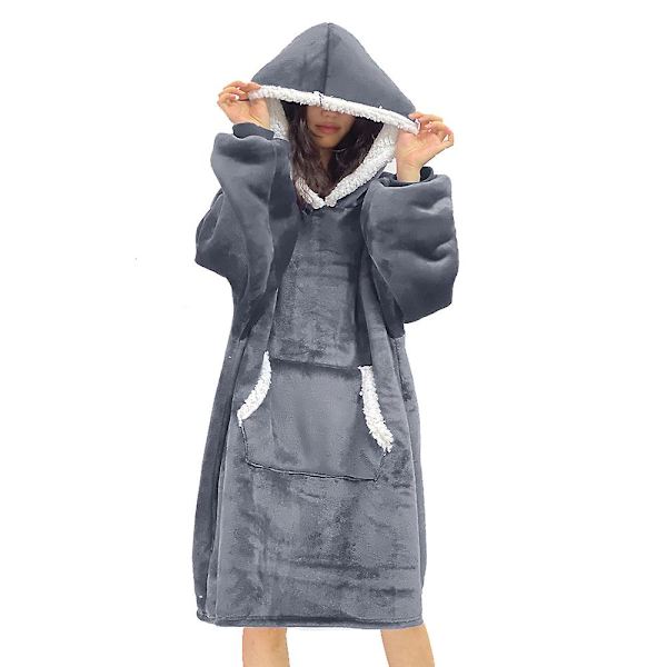 Flannel Hætteklæde Tæppe, One Size dark gray