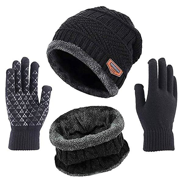 Vinter Varm Hue Halstørklæde Handsker Sæt Unisex Vinter Varm Strikket Hue Hals Glove Til Mænd Three-piece Hat Navy Blue