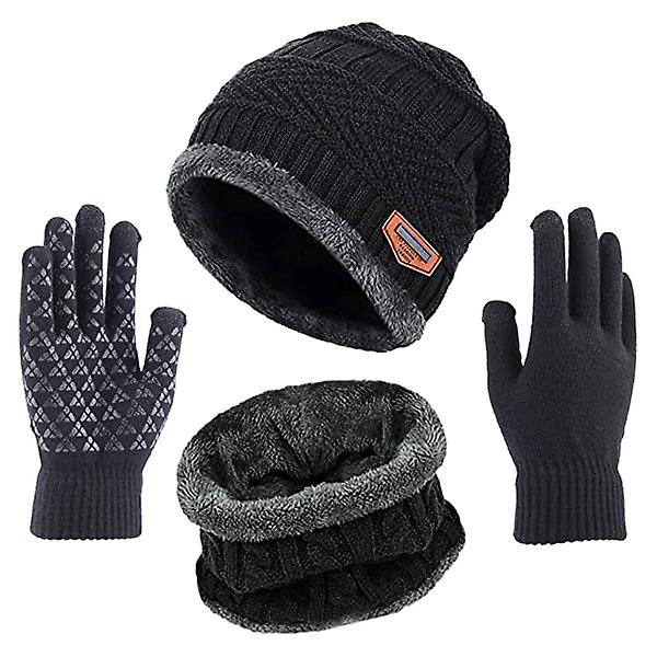 Vinter varm mössa Halsdukshandskar set Unisex vinter varm stickad mössa Halshandske för män Hat Black Three-piece H