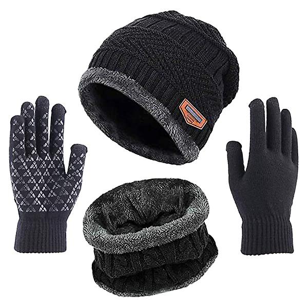 Vinter varm mössa Halsdukshandskar set Unisex vinter varm stickad mössa Halshandske för män Hat Black Two-piece Suit
