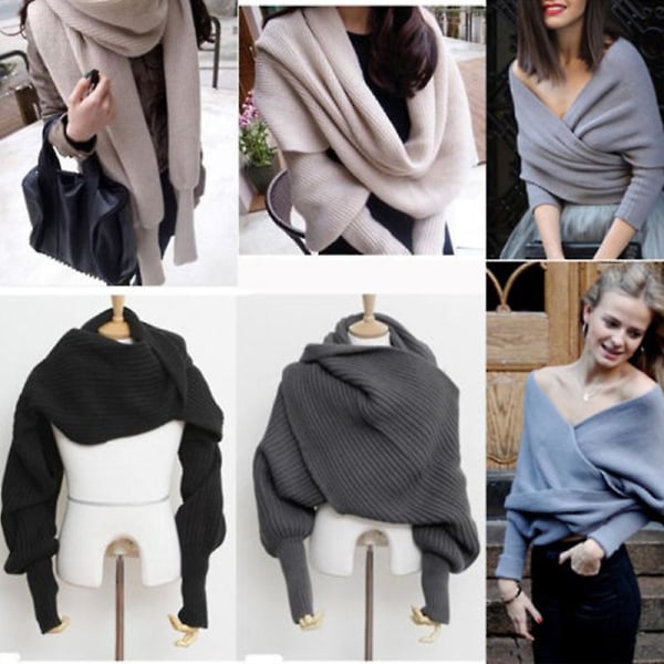 Dame Strikket Sweater Toppe Tørklæde Med Ærme Wrap Vinter Varmt Sjal Tørklæder Dark Grey